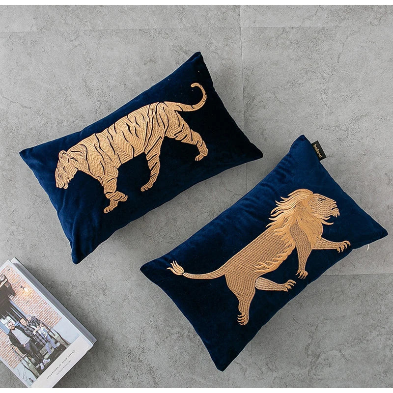 Afralia™ Strong Lion 3D Bronzing Embroidery Decorative Pillow Case, Mid Century Modern Luxurious Cushion Cover