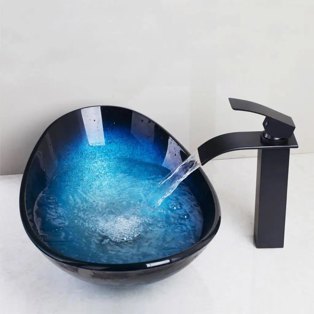 Afralia™ Waterfall Spout Basin Black Tap Set with Hand Painted Tempered Glass & Blue Mixer