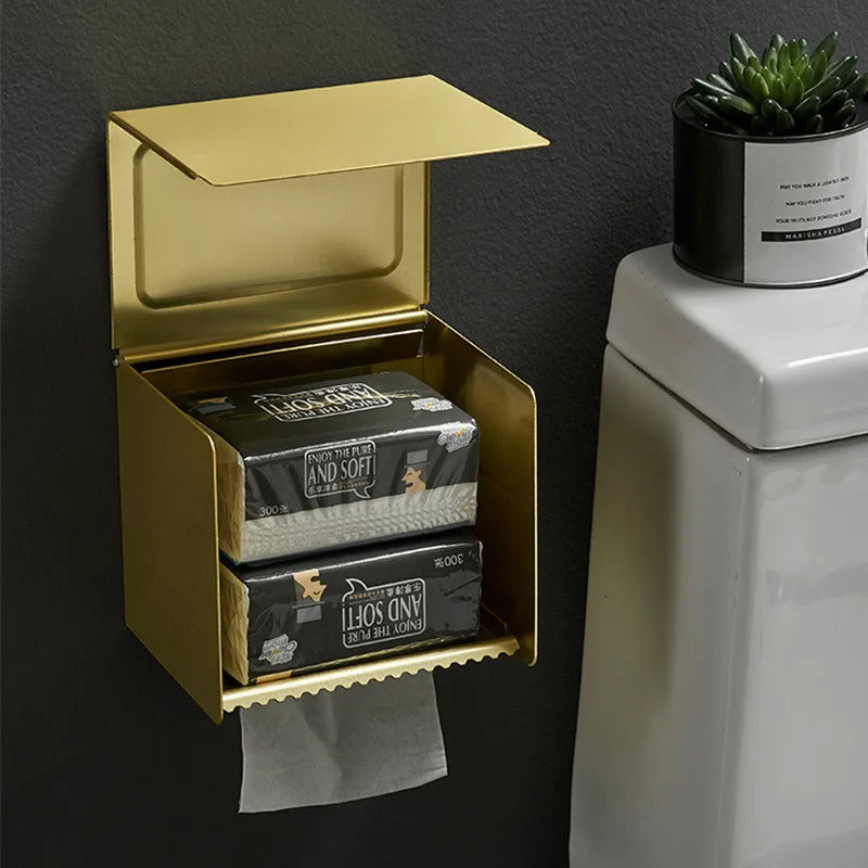 Afralia™ Aluminum Brushed Gold Toilet Paper Holder Rack Tissue Box - Bathroom Roll Storage