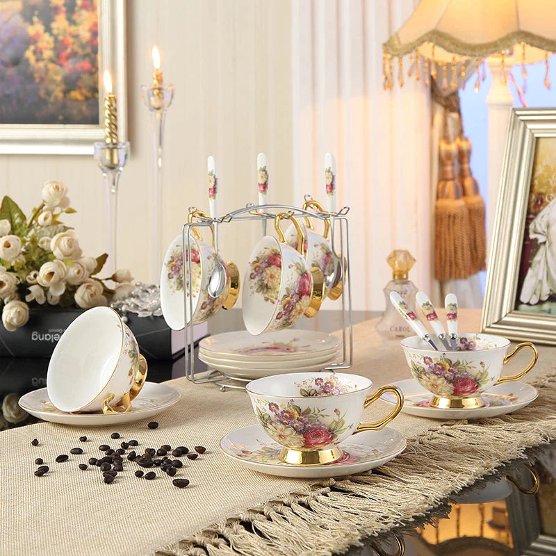 Afralia™ Elegant Floral Bone China Tea Cup Set 200ml - Premium Porcelain Teacup Saucer Spoon