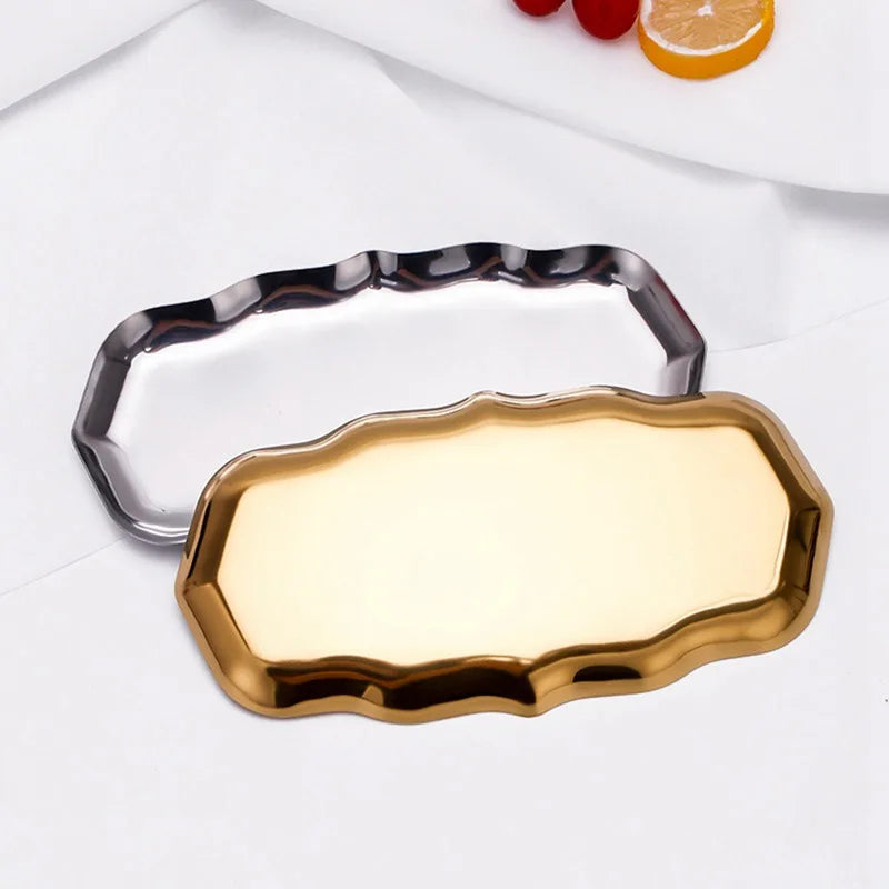 Afralia™ Stainless Steel Storage Tray for Fruit Cake Snacks Jewelry Desktop Organizer