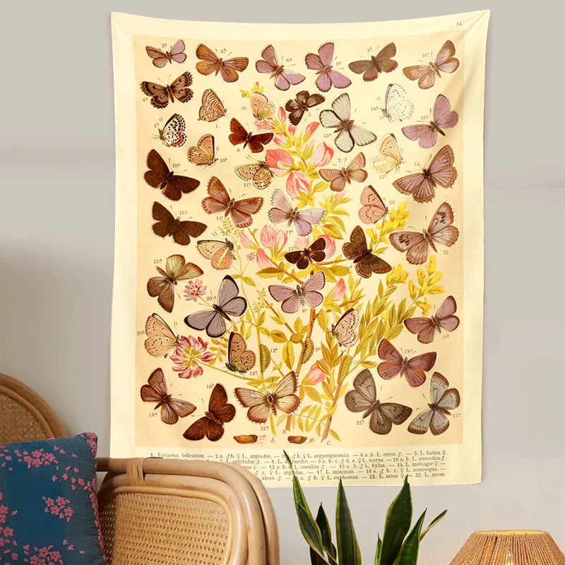 Afralia™ Butterfly Botanical Tapestry Wall Hanging Vintage Aesthetic Room Decor Mural Tapiz