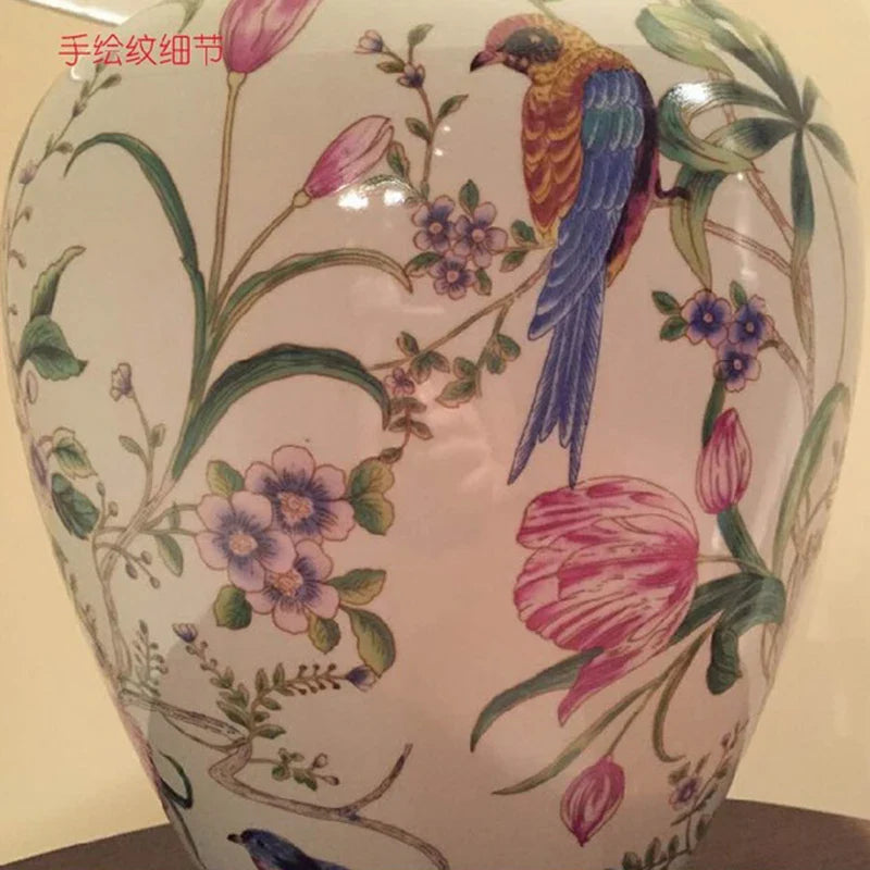 Afralia™ Coral Flower Bird Ceramic Table Lamp Hand-Painted Crack Glaze Living Room Table Lamp