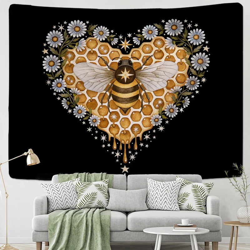 Afralia™ Psychedelic Bee Tapestry Wall Daisy Flower Home Decor for Bohemian Hippie Vibes