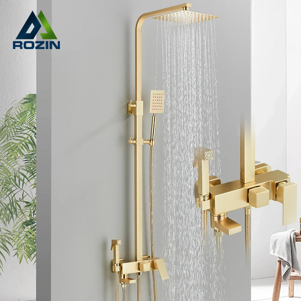Afralia™ Brushed Gold 4-Way Brass Shower Set with Bidet Mixer Tap
