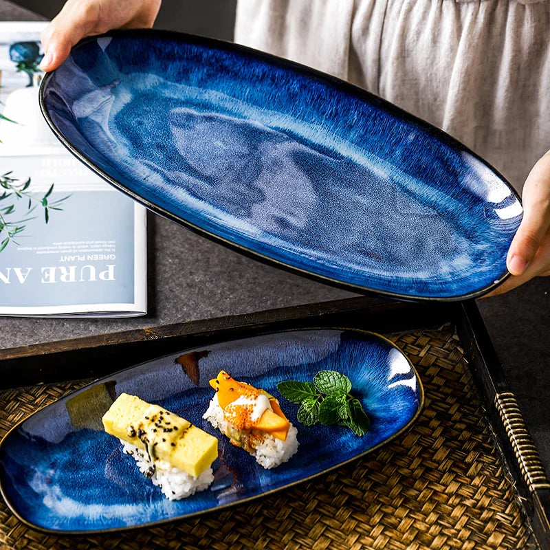 Afralia™ Blue Kiln Glazed Ceramic Sushi Plate