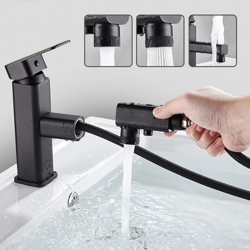 Afralia™ Matte Black Basin Faucet: Pull Out Deck Mounted Mixer Tap for Bathroom.