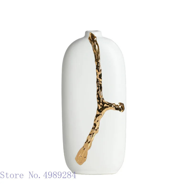 Afralia™ White Ceramic Vase with Golden Branches Flower Arrangement for Modern Home Decor