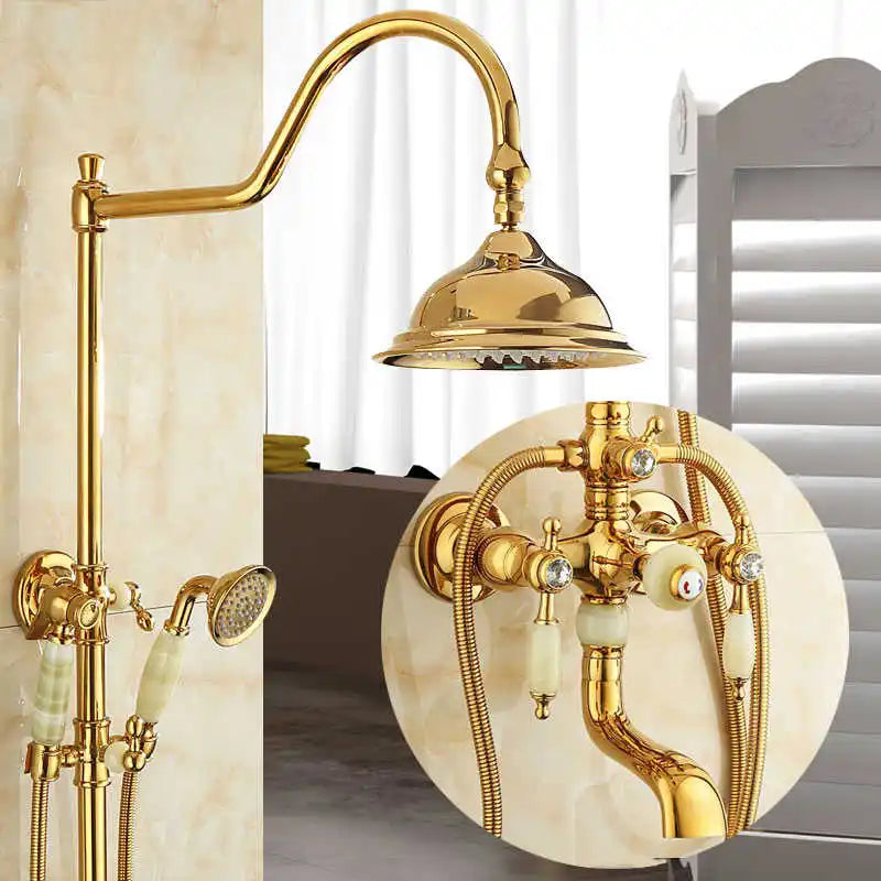 Afralia™ Gold Brass Jade Bath Shower Set Wall Mounted Rainfall Hand Shower Faucet