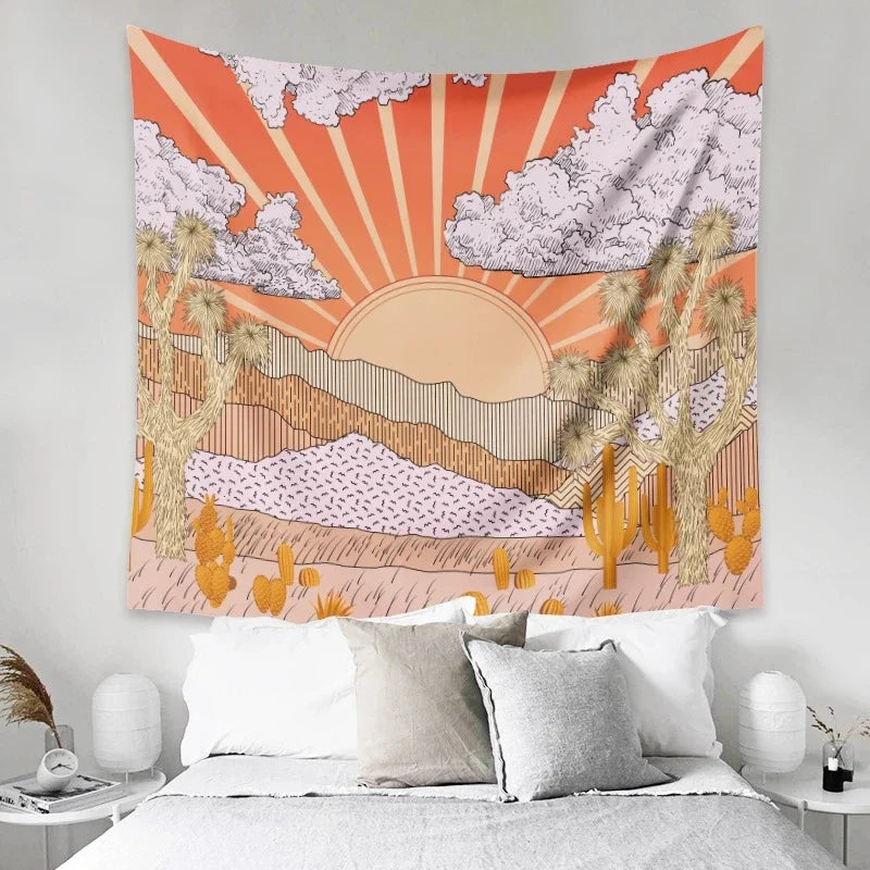 Afralia™ Mountain Sun Tapestry Sunrise Tree Cactus Wall Hanging Psychedelic Landscape Decor