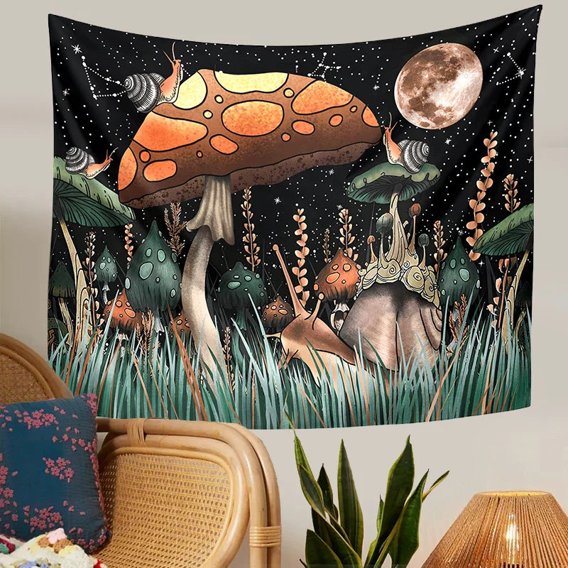 Afralia™ Mushroom Moon Psychedelic Snail Mandala Wall Tapestry Hippie Fantasy Decor