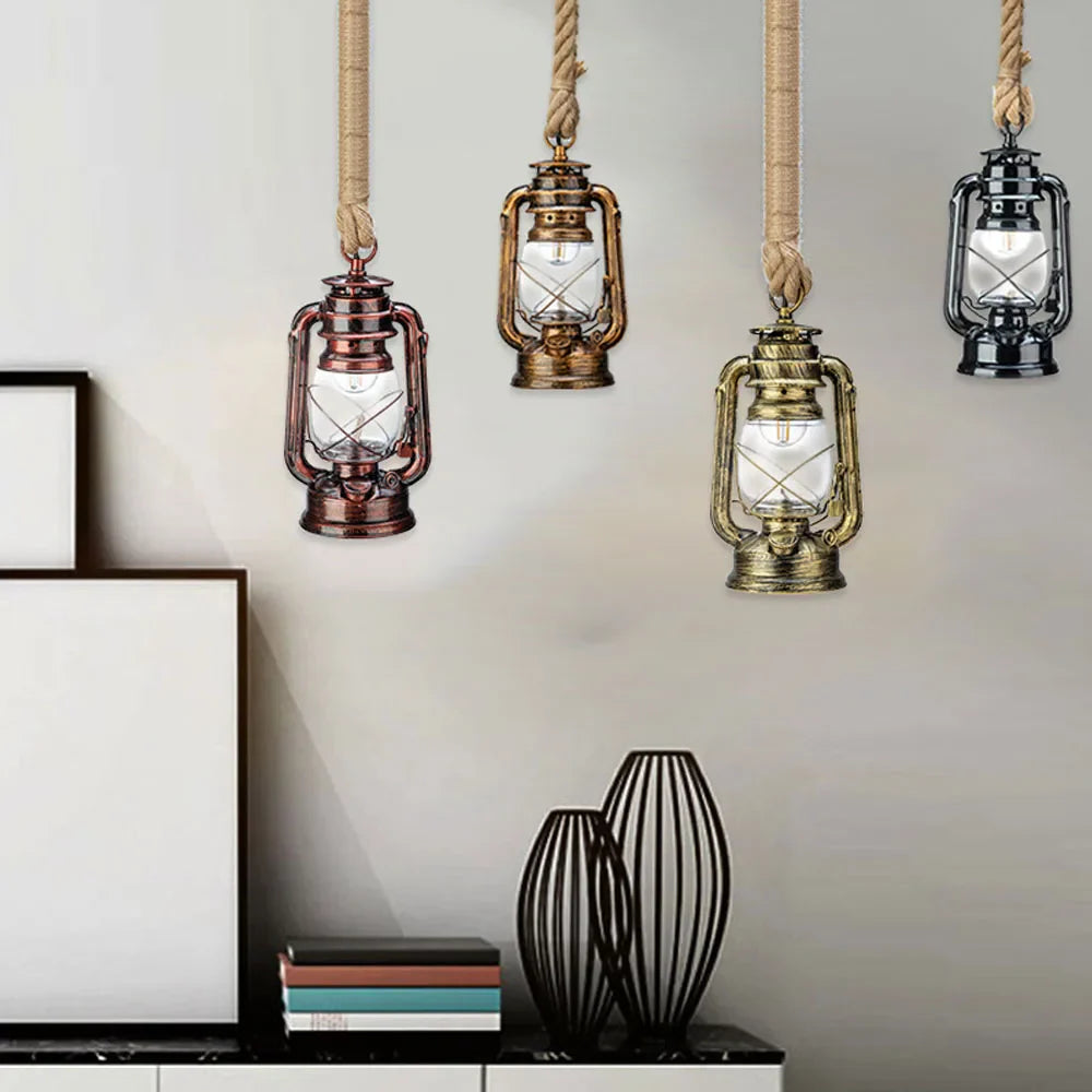 Afralia™ Retro Industrial Hemp Rope Kerosene Pendant Chandelier LED Ceiling Lamp