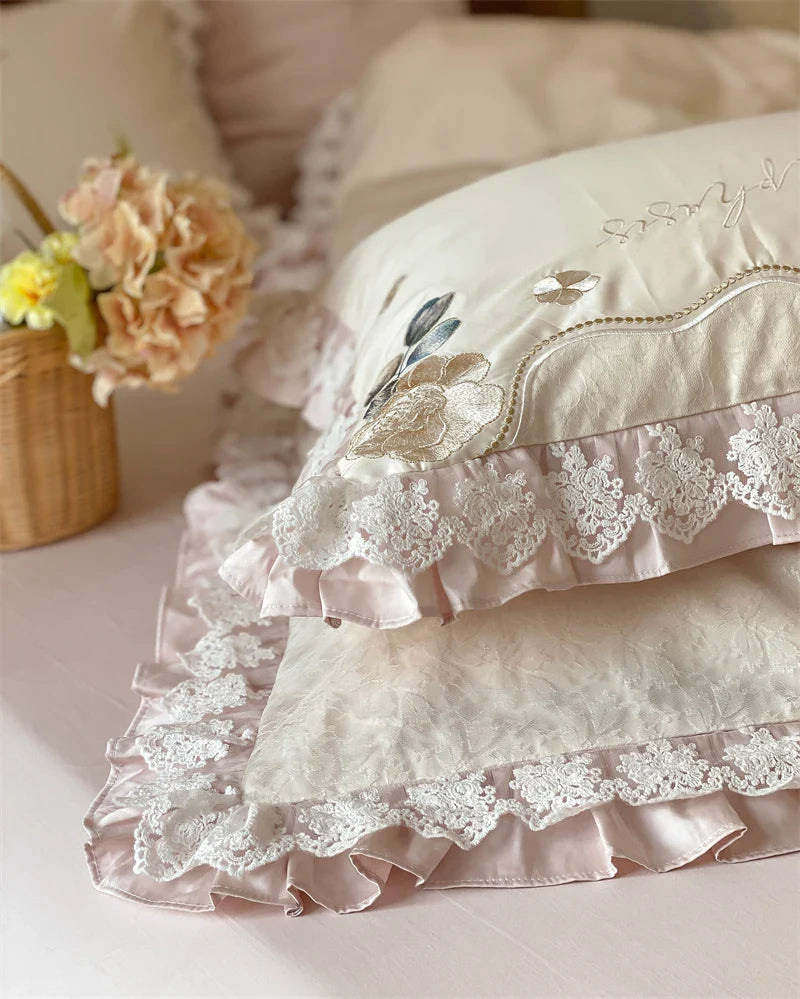 Afralia™ French Princess 1000TC Cotton Bedding Set with Flowers Embroidery and Ruffles