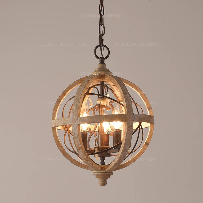 Afralia™ Antique Wood Globe Chandelier for Bedroom Living Room Kitchen Dining Room