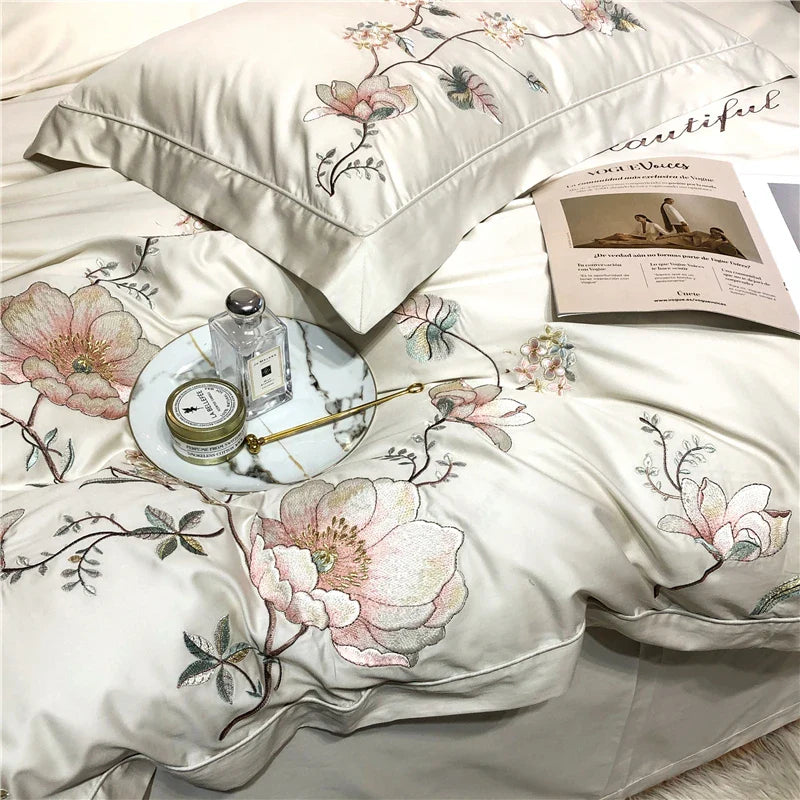 Afralia™ Luxury Bloom Flowers Embroidered Grey White Bedding Set