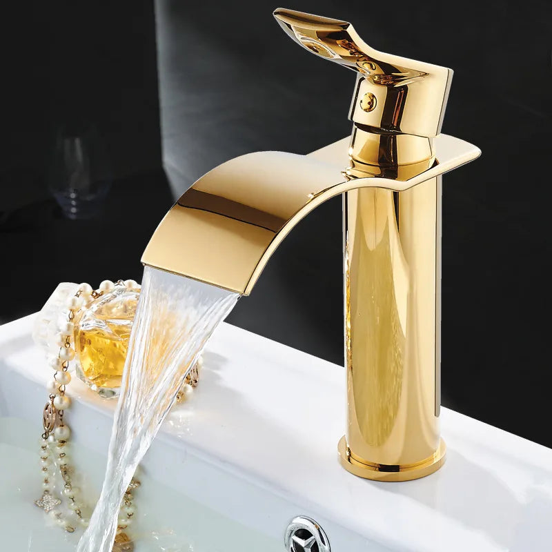 Afralia™ Gold and White Waterfall Bathroom Basin Faucet Mixer Tap Hot Cold Sink