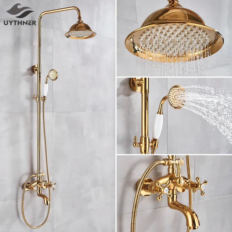 Afralia™ Gold Shower Faucet Set with 8" Rainfall Shower Head and Hand Shower
