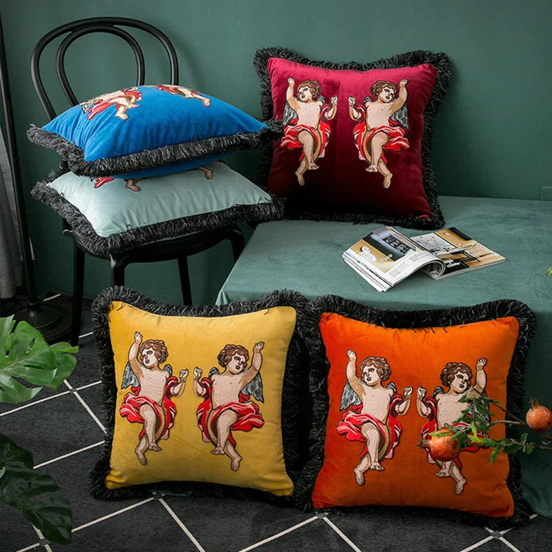 Afralia™ Velvet Angel Embroidered Fringed Cushion Cover 45x45cm - Luxury Retro Coussin