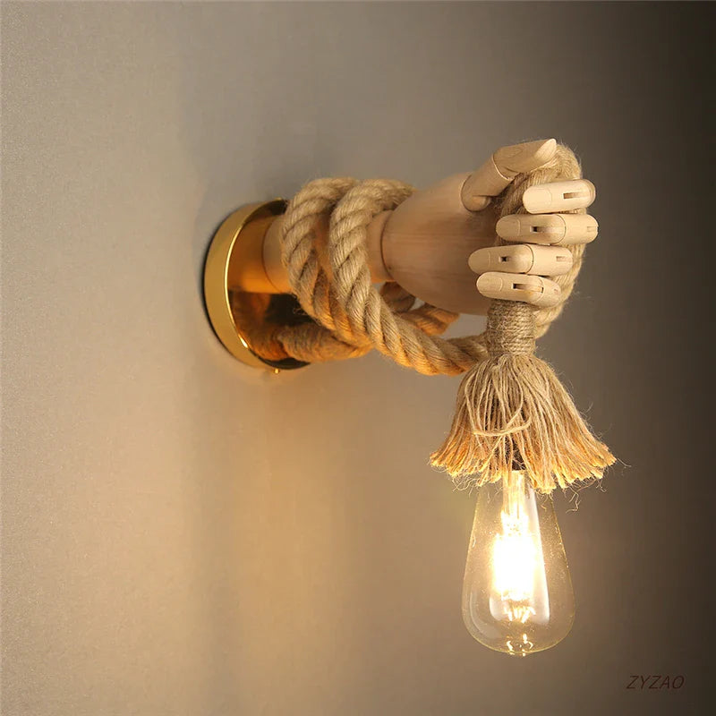 Afralia™ Hand Shape Wall Light Industrial Loft Hemp Rope E27 Wall Lamp