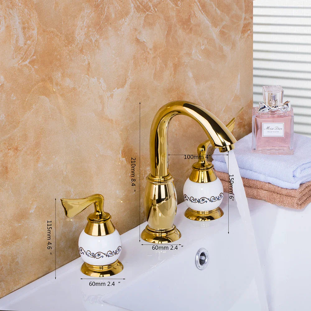 Afralia™ Golden Plated Bathroom Faucet Set with Ceramic Cross Handles