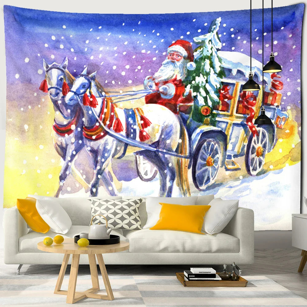 Afralia™ Santa Claus Sleigh Tapestry Wall Hanging Witchcraft Christmas Day Girl Home Decor