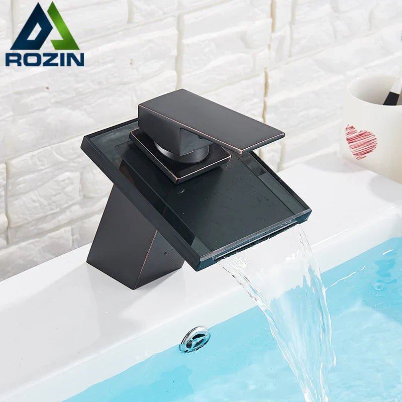 Afralia™ LED Waterfall Bathroom Sink Faucet Black Bronze Single Handle Deck Mount