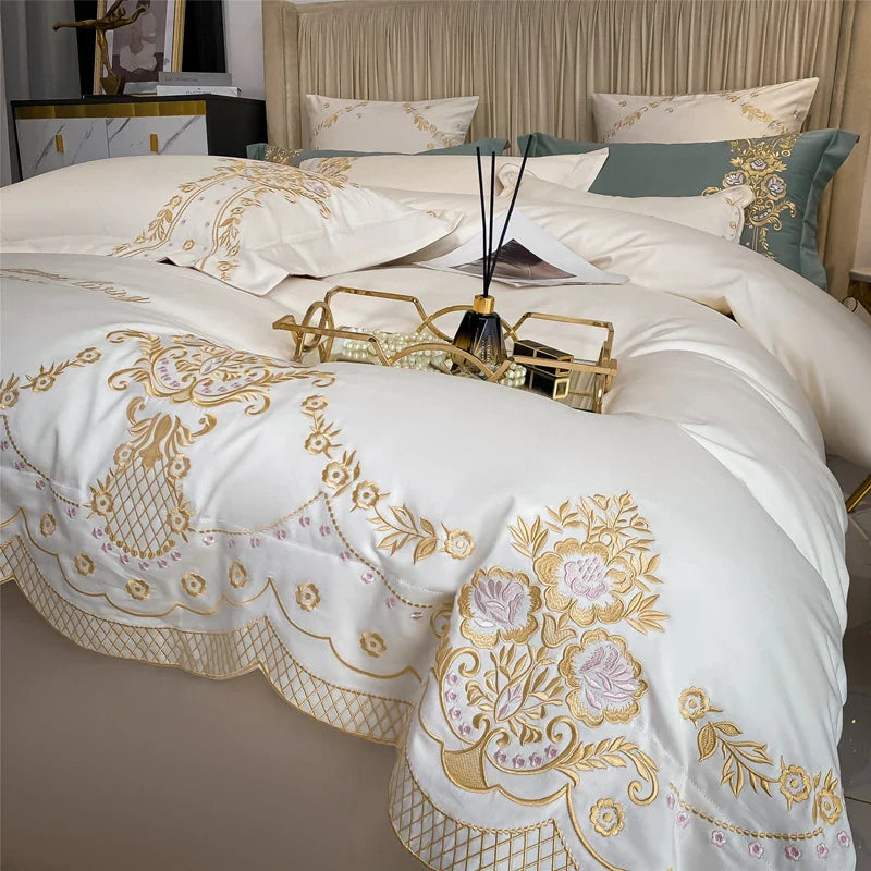 Afralia™ 1000TC Egyptian Cotton Gold Embroidery 4Pcs Bedding Set - Luxe Chic Collection