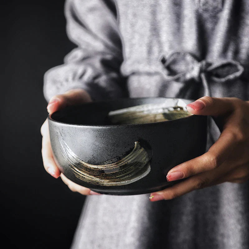 Afralia™ Black Ceramic Sushi Plate and Rice Bowl Set