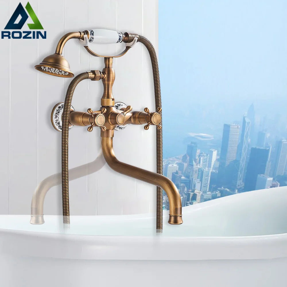 Afralia™ Brass Antique Tub Faucet with Long Spout, Rotate Handle and Handshower