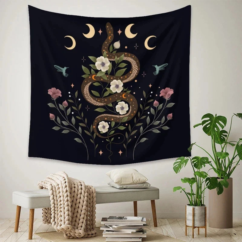 Afralia™ Psychedelic Snake Moon Flower Tapestry Hippie Wall Hanging Home Decor