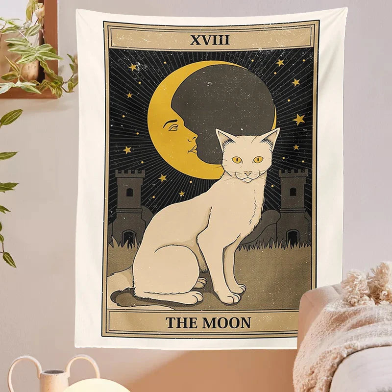 Afralia™ Cat Divination Tarot Card Tapestry Moon Phase Wall Hanging Décor