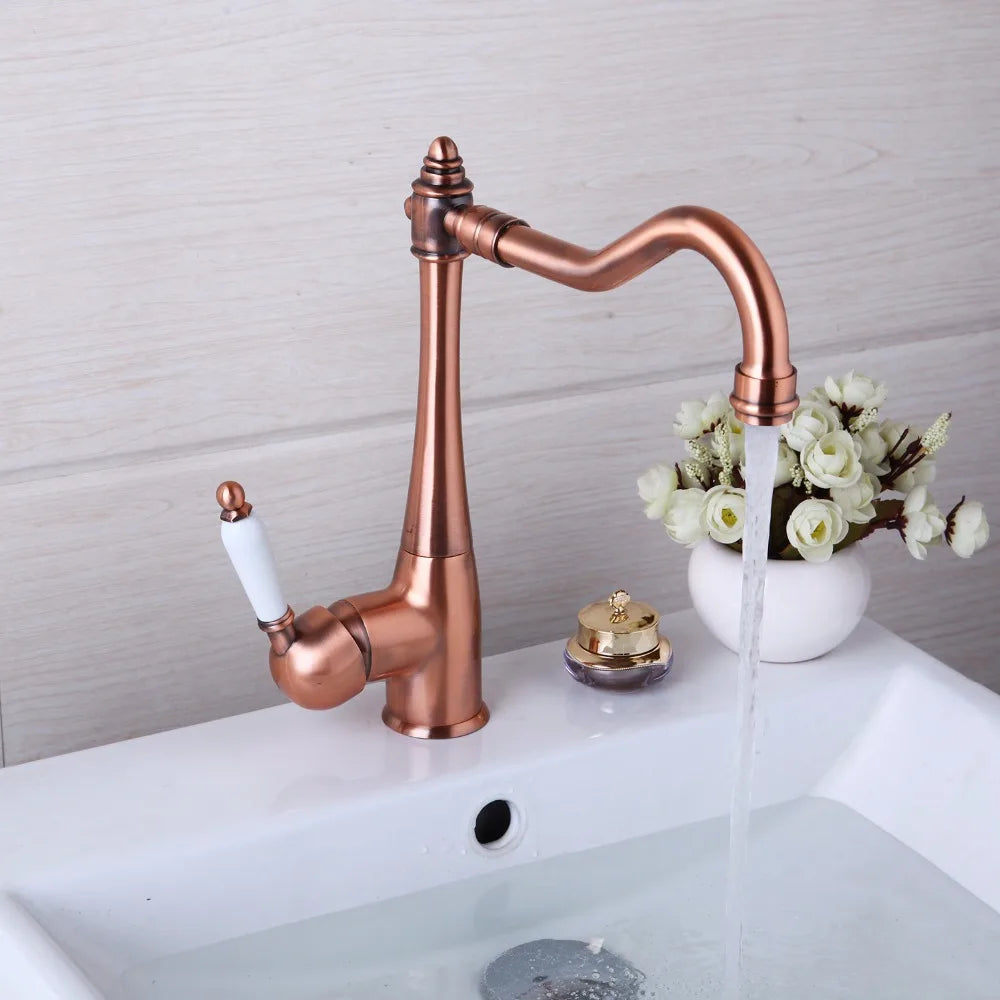 Afralia™ Antique Copper Kitchen Basin Mixer Tap with Ceramic Handle