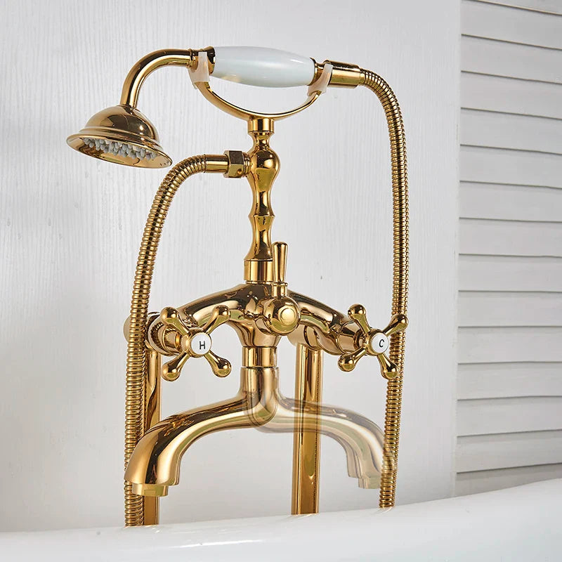 Afralia™ Dual Handle Clawfoot Bathtub Shower Faucet, Golden Polished Free Standing Mixer