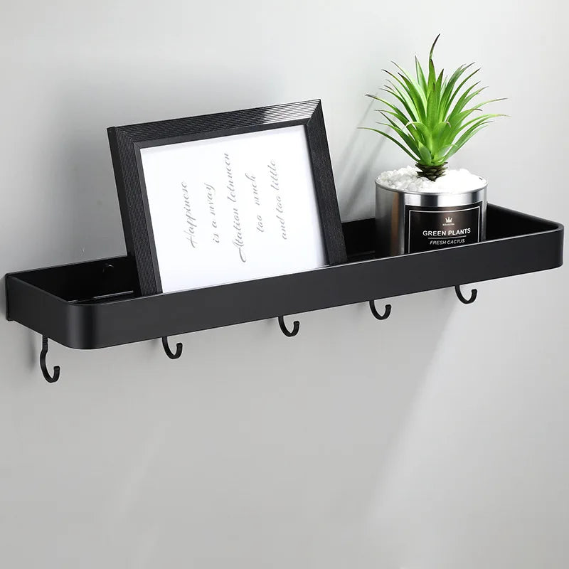 Afralia™ Black Aluminum Bathroom Shower Shelf with Hook Bar and Shampoo Holder