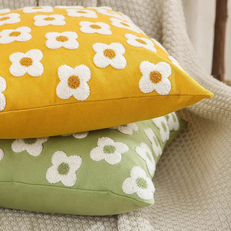 Afralia™ Floral Embroidery Yellow Flowers Cushion Cover for Home Decor