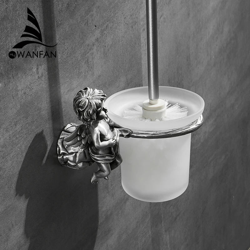Afralia™ Classic Angel Brass Toilet Brush and Holder Set for Bathroom