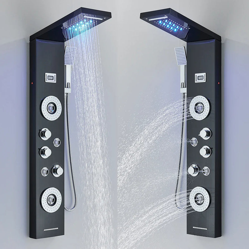 Afralia™ Black LED Waterfall Rain Shower Panel Faucet Set with Massage Jets