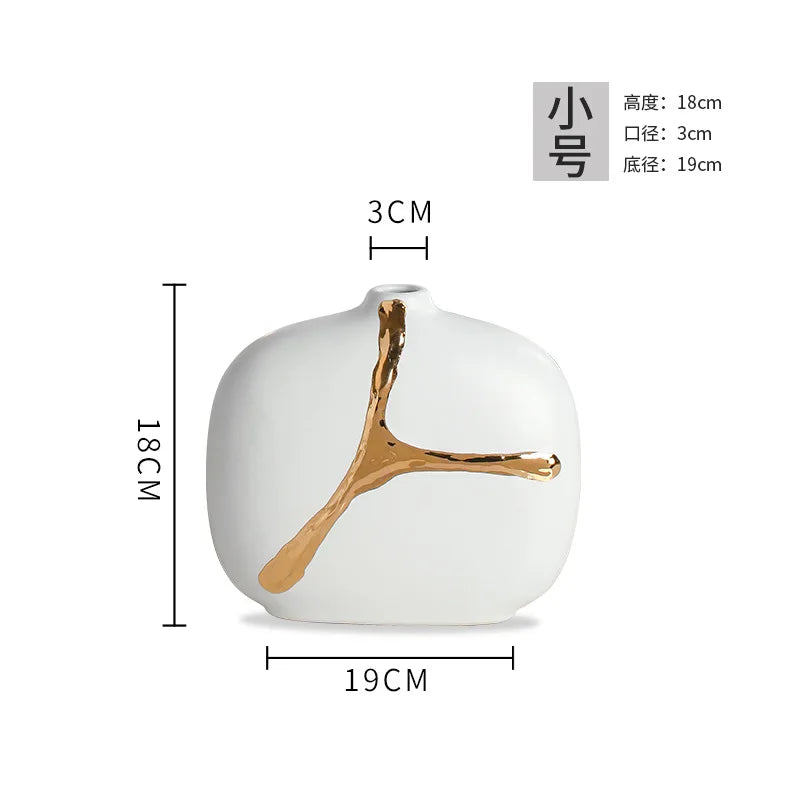 Afralia™ White Ceramic Vase with Golden Branches Flower Arrangement for Modern Home Decor