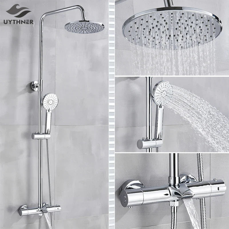 Afralia™ Chrome Thermostatic Bath Shower Set with Rain Shower Head