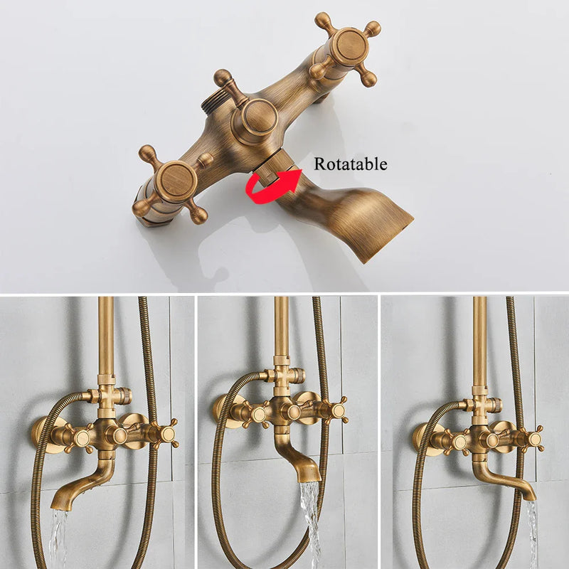 Afralia™ Antique Brass Shower Faucet with Ceramics Hand Spray and 8'' Rainfall Head