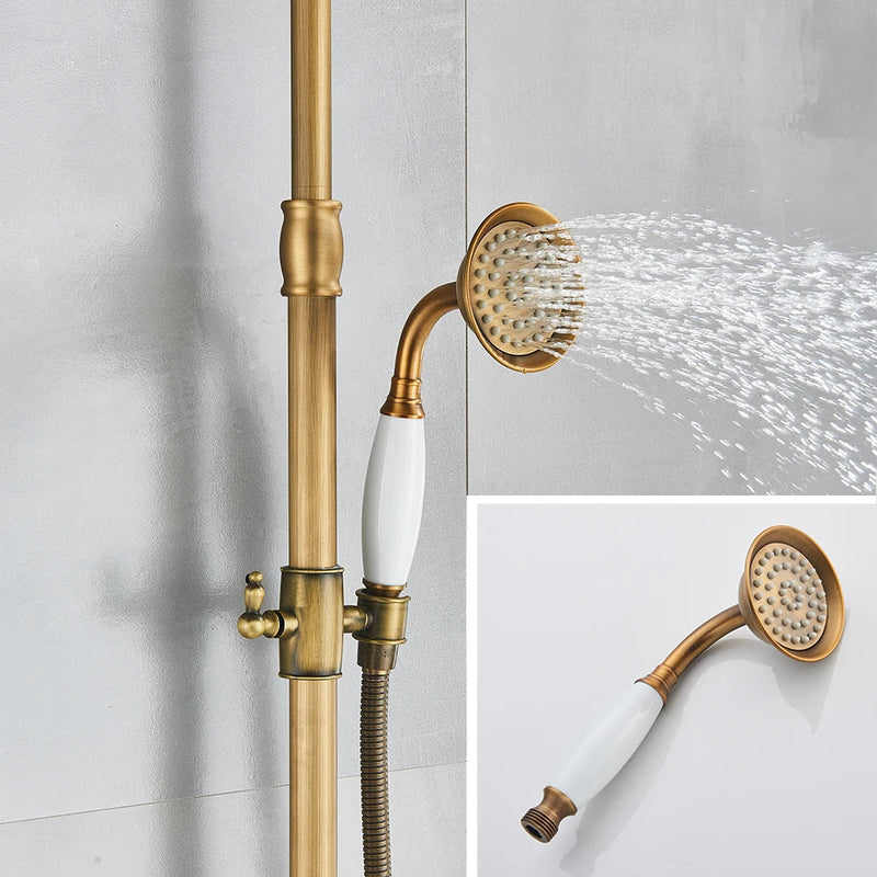 Afralia™ Antique Brass Shower Faucet with Ceramics Hand Spray and 8'' Rainfall Head