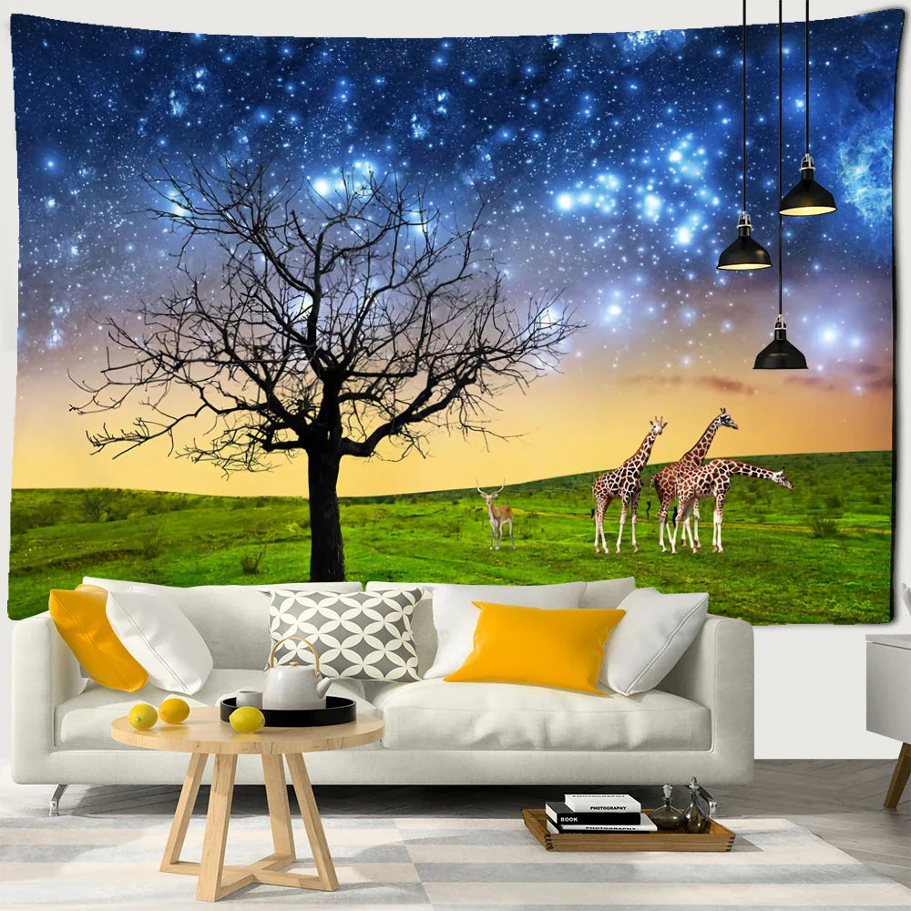 Afralia™ Starry Sky Deer Tapestry Wall Hanging Night View Home Decor
