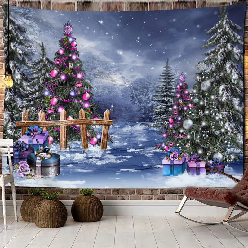 Afralia™ Christmas Woods Snow Scene Tapestry Wall Hanging - Elk Bohemian Style Bed Curtain Home Decor