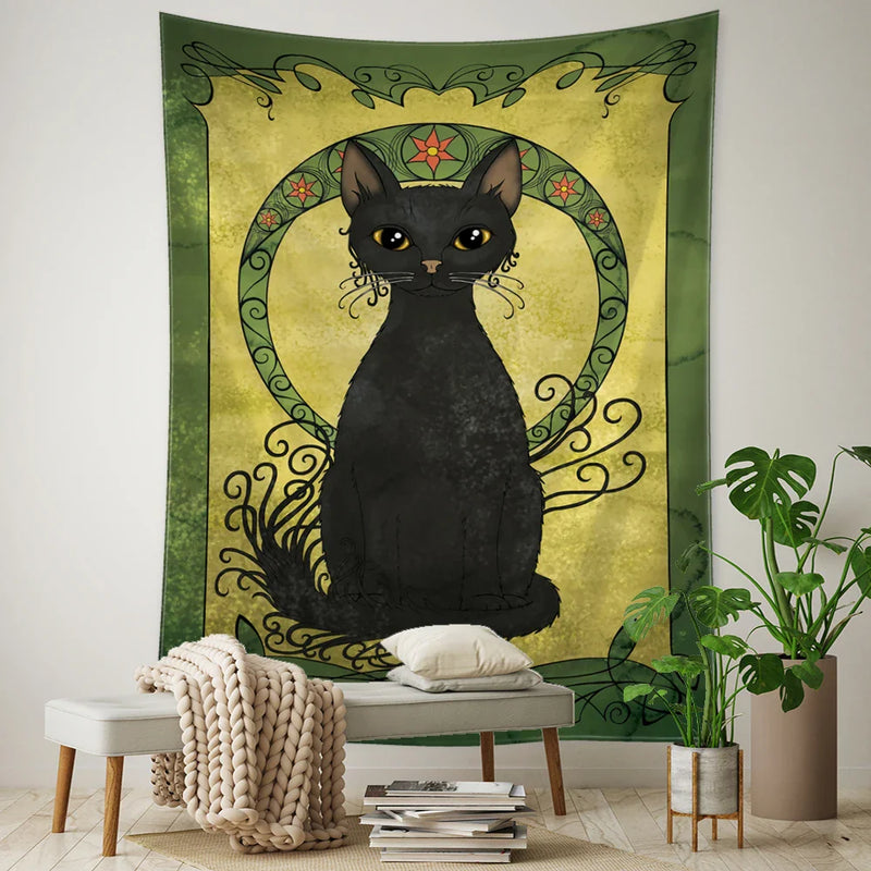 Afralia™ Black Cat Tarot Tapestry: Psychedelic Hippie Wall Hanging Room Decor