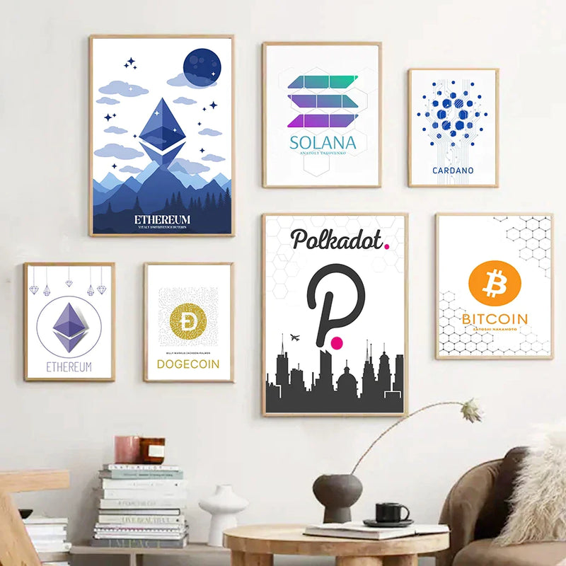 Bitcoin Ethereum Cardano Crypto Wall Art Canvas Painting Nordic Posters by Afralia™