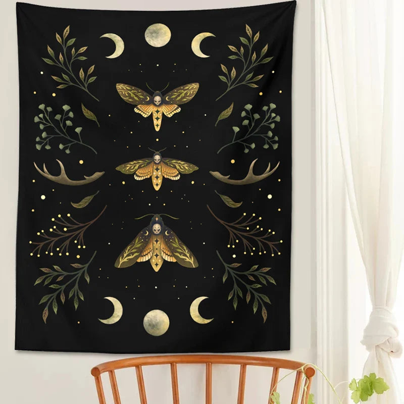 Afralia™ Moon Phase Wall Hanging Tapestry in Olive Leaf Green & Black - Boho Room Decor