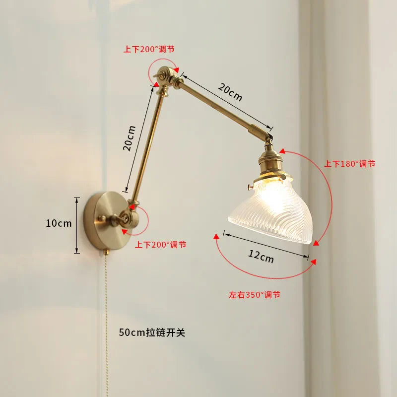 Afralia™ Copper Glass LED Wall Light with Pull Chain Switch, Swing Arm Sconce