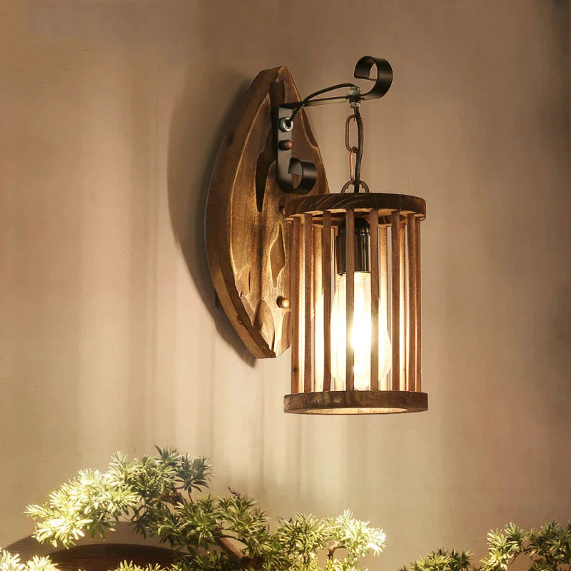 Afralia™ Wood Light Bar Wall Lamp Bedside Sconce, Retro Industrial Country Style