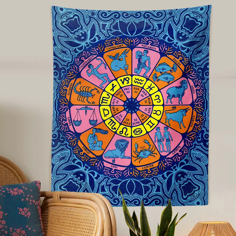 Afralia™ Zodiac Wheel Tarot Tapestry: Hippie Boho Wall Art for Astrology & Witchcraft