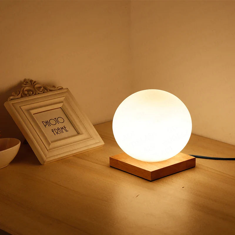 Afralia™ Glass Ball LED Table Lamp Wooden Round Desk Night Light
